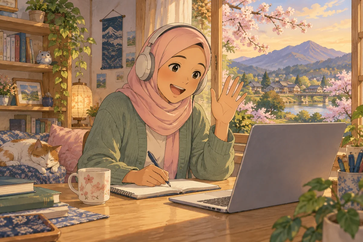 Ilustrasi animasi siswa berhijab memakai headphone dan menyapa sensei melalui laptop di ruang belajar yang hangat