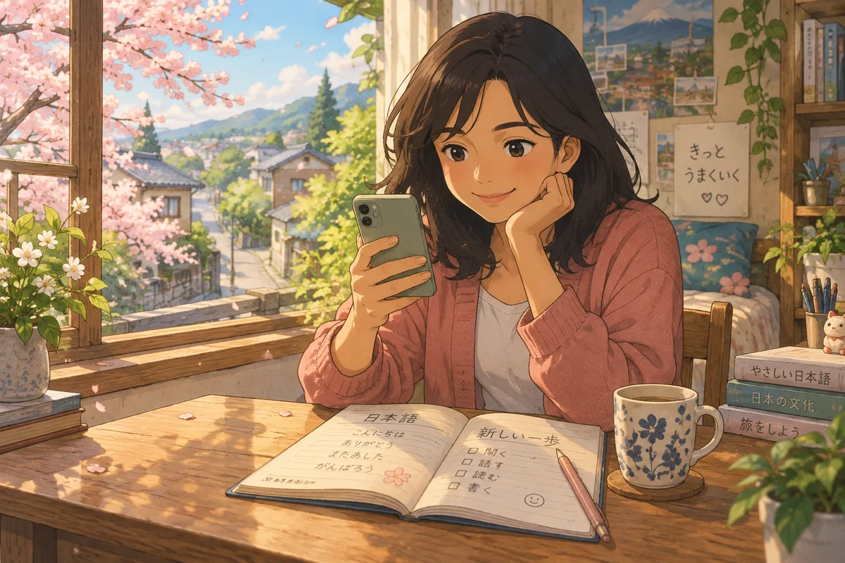 Ilustrasi animasi seorang calon siswa memeriksa ponsel di meja belajar dekat jendela berbunga sakura